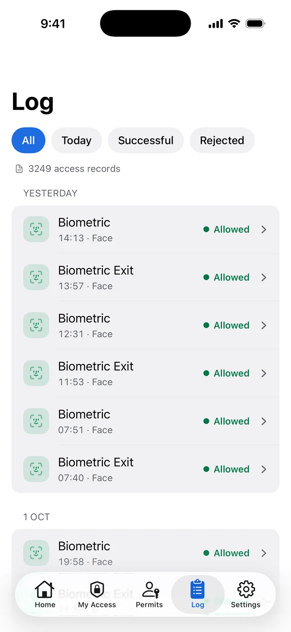 The entry log in the app, listing allowed entries by door and time.
