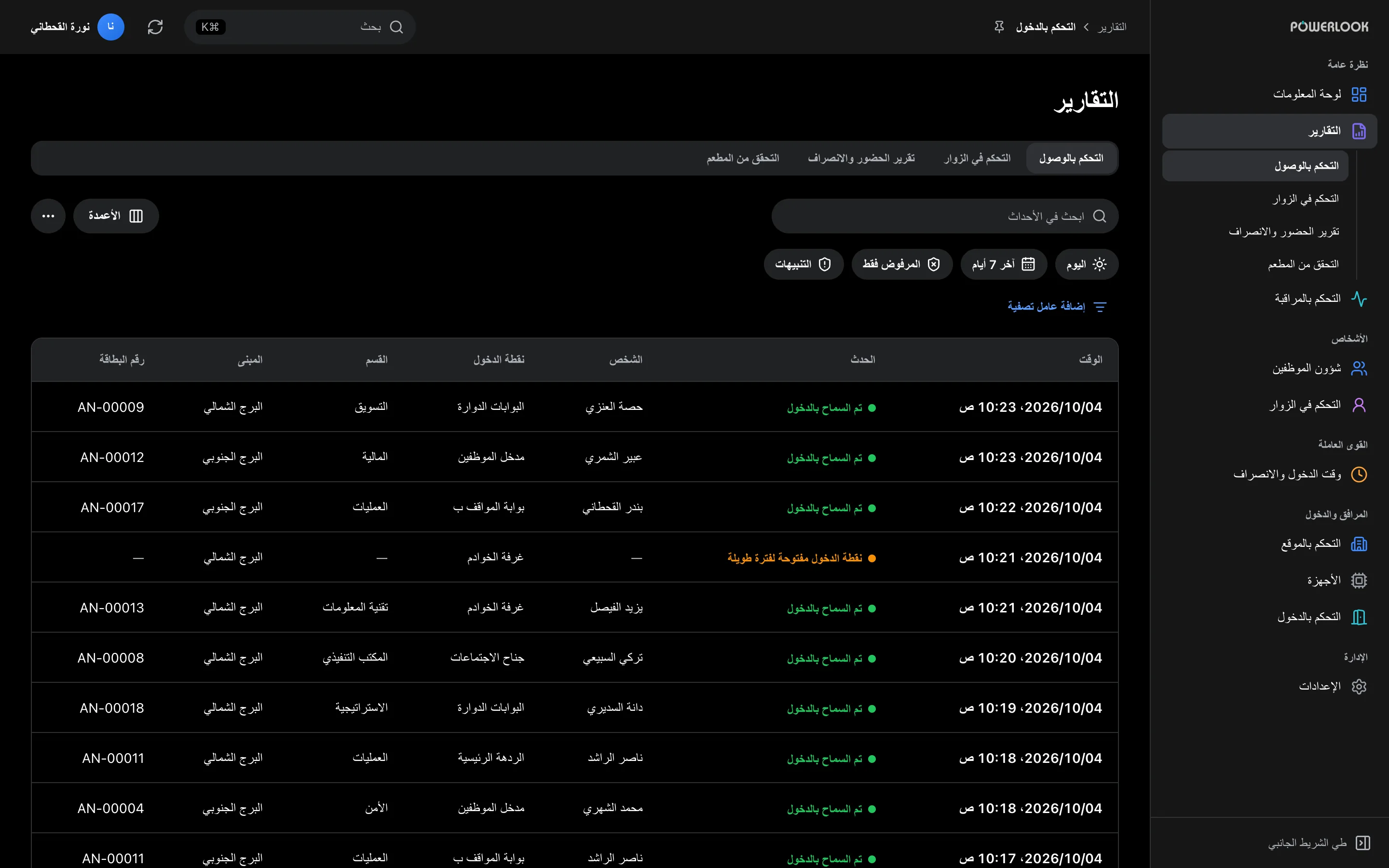 التقارير: راجع نشاط الدخول والزوار والحضور على الشاشة، أو صدّره للتحليل والتدقيق.