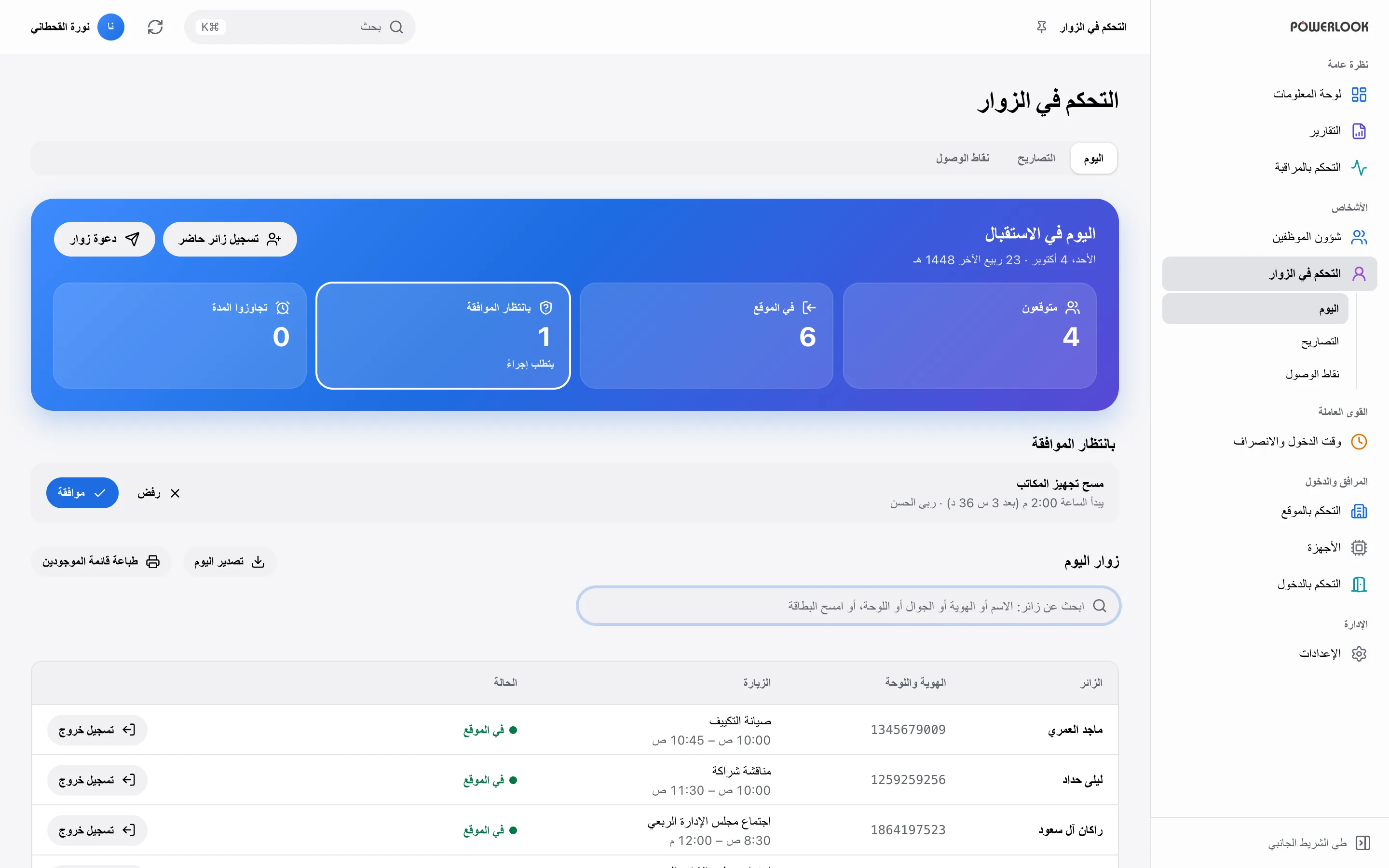 الزوار: من الضيوف المعتمدين مسبقًا إلى الزوار المباشرين، يمنح باورلوك الاستقبال نظرة واحدة على المتوقعين، ومن وصل، ومن ينتظر، ومن تجاوز وقته.