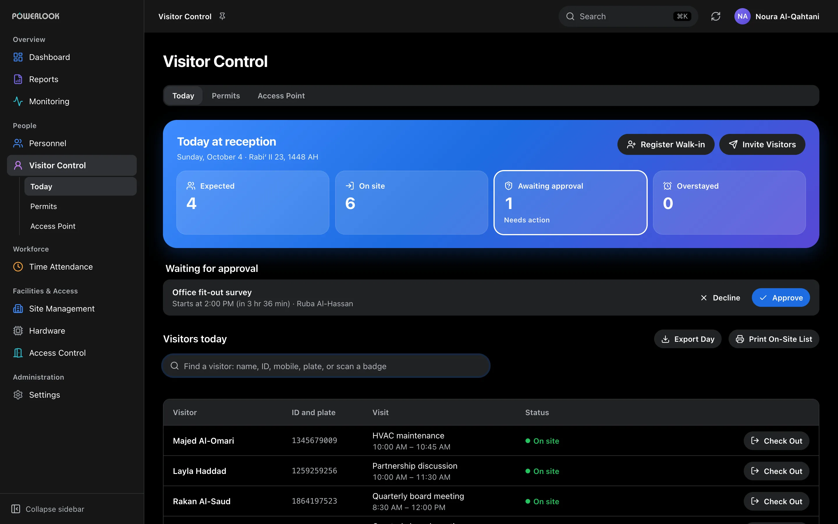Visitors: From pre-approved guests to walk-ins, POWERLOOK gives reception one view of who is expected, who has arrived, who is waiting and who has overstayed.