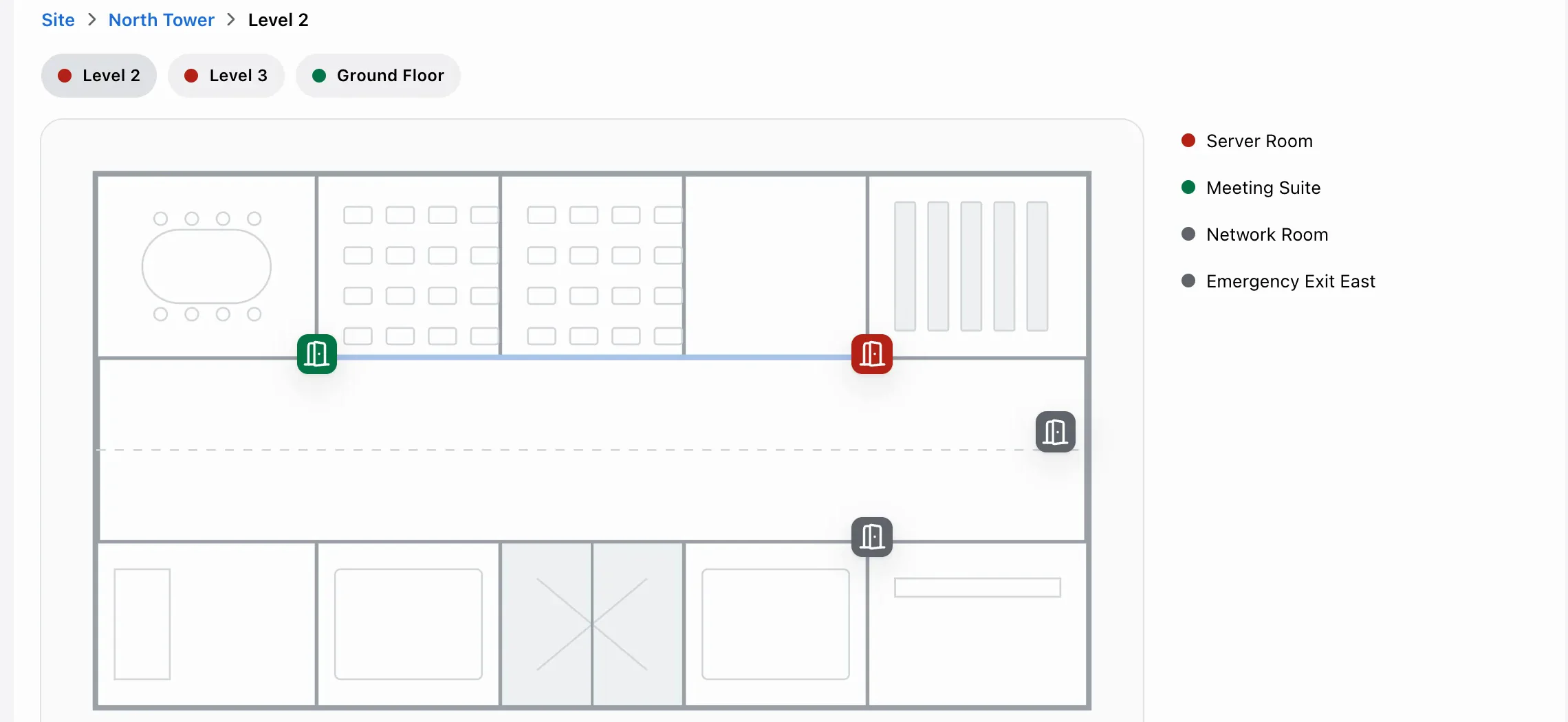A floor plan with doors marked by today's status.